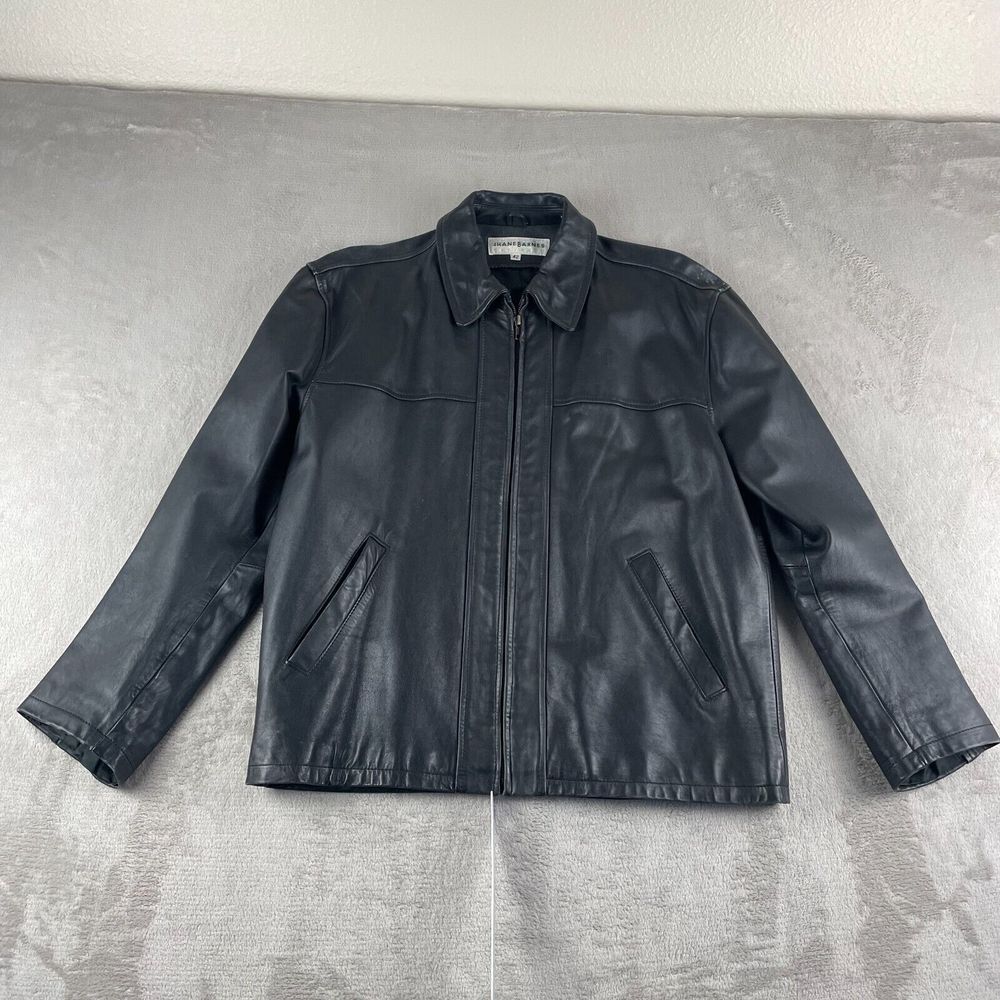 Jhane Barnes Leather Jacket Men 42 Black Full Zip Lined Premium Coat Designer